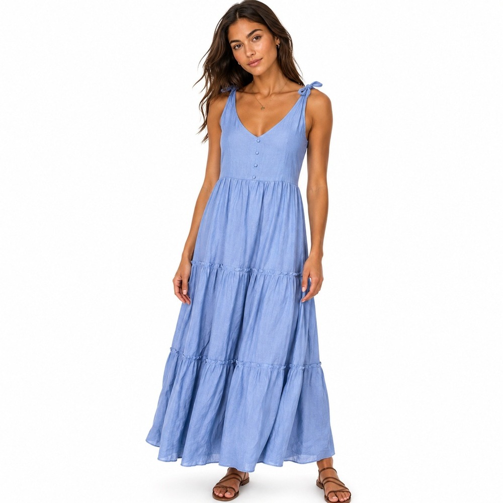 Blu Pepper Tiered Solid Maxi Dress Light Blue Cottagecore Tie Shoulder Size S